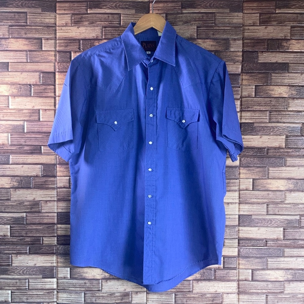 Mens EUC Vintage Plains Western Wear Blue Pearl Snap Button Down Short Sleeve
